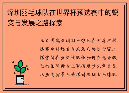 深圳羽毛球队在世界杯预选赛中的蜕变与发展之路探索